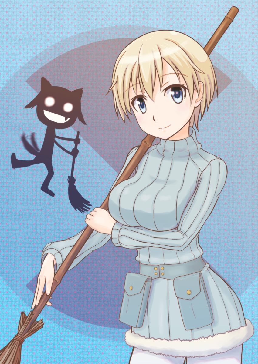 2girls blonde_hair blue_eyes blue_sweater blush brave_witches breasts broom closed_mouth eyebrows_visible_through_hair highres keicha_(kmoekaki) large_breasts looking_at_viewer miyafuji_yoshika multiple_girls nikka_edvardine_katajainen pantyhose shiny shiny_hair short_hair silhouette silhouette_demon smile standing strike_witches sweater white_legwear world_witches_series