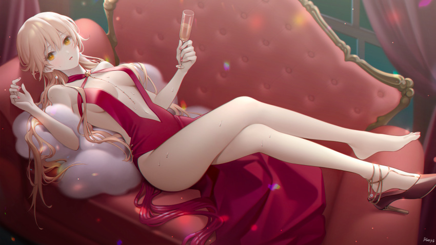 1girl alcohol bangs bare_legs bare_shoulders barefoot blonde_hair breasts breasts_apart center_opening champagne champagne_flute commentary_request couch crossed_legs cup dress drinking_glass earrings evening_gown eyebrows_visible_through_hair girls_frontline high_heels highres holding holding_cup indoors jewelry legs long_hair looking_at_viewer lying medium_breasts nail_polish navel on_back on_couch orange_eyes ots-14_(girls_frontline) parted_lips pink_dress pink_nails red_dress red_footwear revealing_clothes shoe_dangle sleeveless sleeveless_dress solo stomach urano_ura very_long_hair