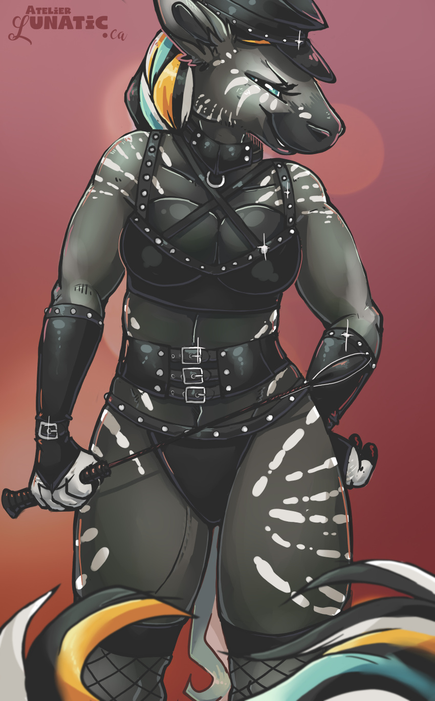 absurd_res anthro atelierlunatic bdsm clothed clothing domination dominatrix equid equine female female_domination hi_res leather leather_clothing mammal muscular muscular_anthro muscular_female riding_crop solo ungulate_anthro whip zebra