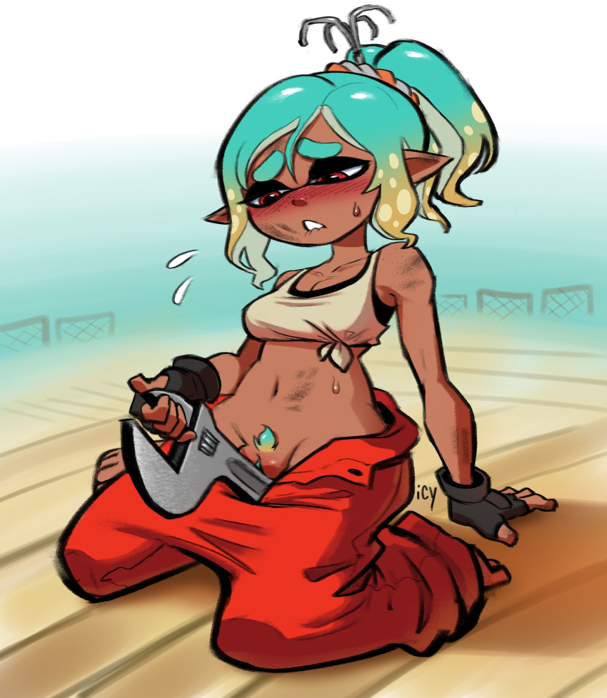 2025 animal_humanoid barefoot bite biting_lip biting_own_lip blush bodily_fluids bottomwear bottomwear_down breasts cephalopod cephalopod_humanoid cleavage clothed clothing dark_body dark_skin feet female fingerless_gloves genitals gloves grease handwear hi_res humanoid humanoid_pointy_ears improvised_sex_toy inkling iseenudepeople kneeling marine marine_humanoid masturbation mechanic mechanic_(splatoon_raiders) mollusk mollusk_humanoid navel nintendo pants pants_down partially_clothed pointy_ears pseudo_hair pubes self_bite solo splatoon splatoon_raiders sweat tentacle_hair tentacles tools vaginal vaginal_masturbation vulva wrench