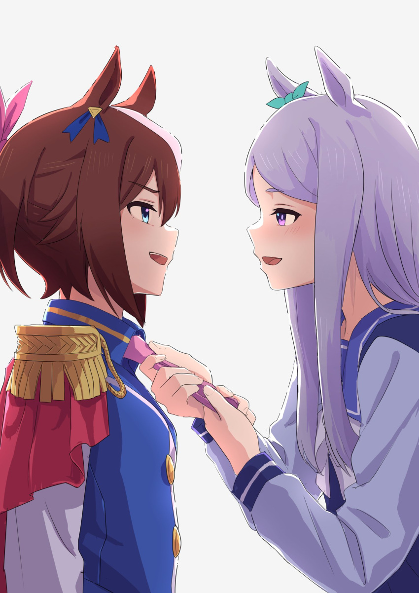 2girls animal_ears ascot bangs blue_eyes blue_jacket bow breasts brown_hair buttons commentary_request epaulettes eye_contact eyebrows_visible_through_hair flush hair_flaps high_ponytail highres holding_tie horse_ears horse_girl jacket light_purple_hair long_hair long_sleeves looking_at_another mejiro_mcqueen_(umamusume) multicolored_hair multiple_girls open_mouth pink_neckwear ponytail purple_eyes ribbon school_uniform simple_background single_epaulette smile smug streaked_hair sv_illst tokai_teio_(umamusume) tracen_school_uniform two-tone_hair two-tone_jacket umamusume white_background white_hair white_jacket