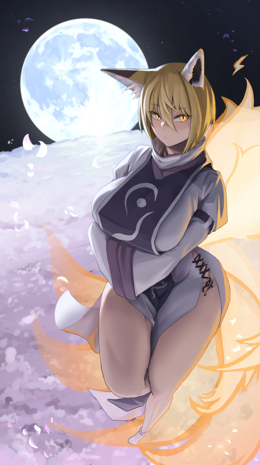 1girl absurdres animal_ears blonde_hair breasts dress dryseaweed fox_ears fox_tail full_body hair_between_eyes highres kitsune kyuubi large_breasts looking_at_viewer moon multiple_tails night night_sky sky solo tabard tail touhou white_dress yakumo_ran yellow_eyes