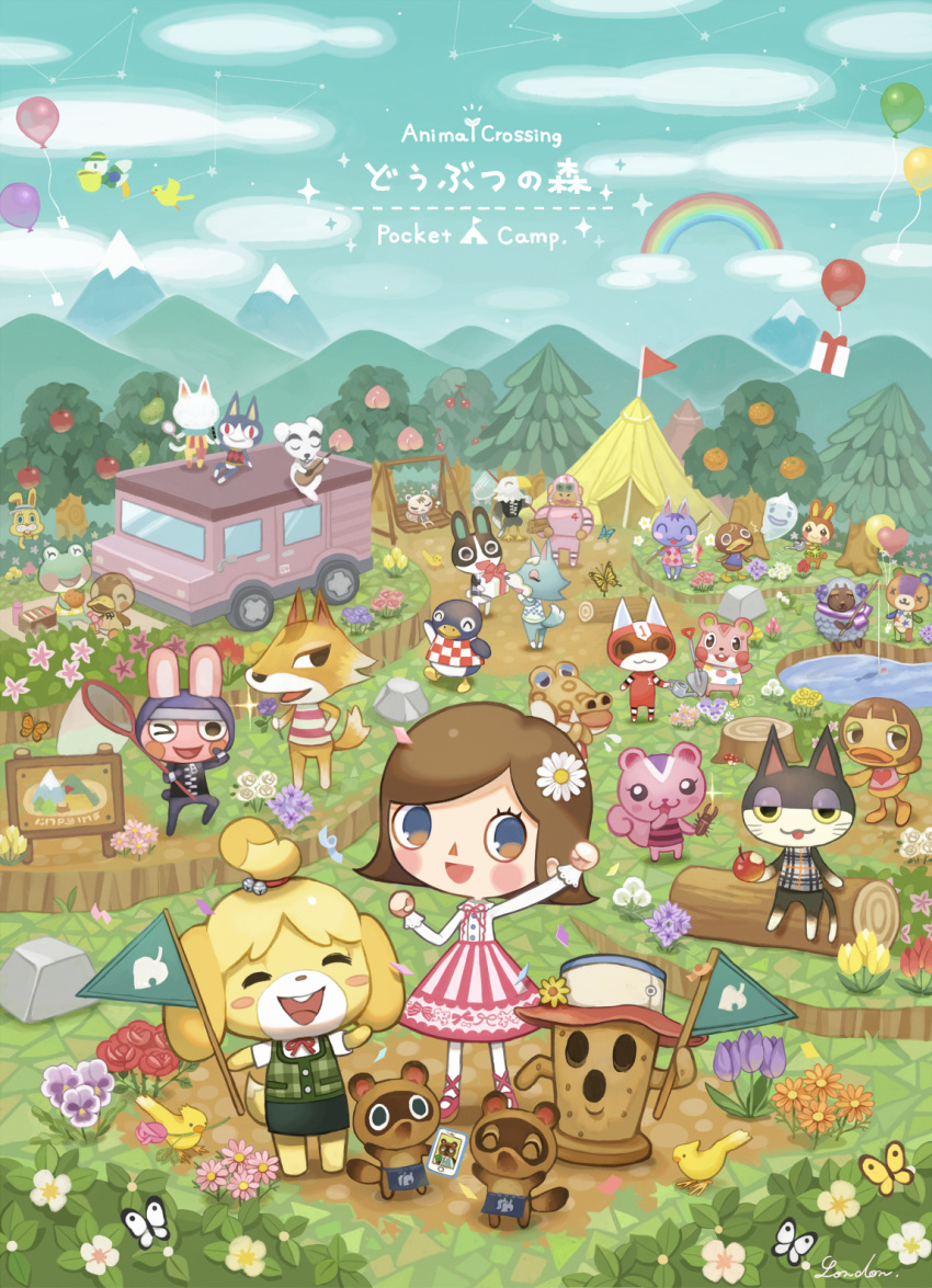 animal_crossing balloon box brown_hair bug butterfly butterfly_net character_request cloud cloudy_sky fishing flag flower gift gift_box ground_vehicle hand_net highres insect isabelle_(animal_crossing) k.k._slider_(animal_crossing) lalala222 leaf log long_sleeves motor_vehicle orange_flower plant purple_flower rainbow red_flower short_hair sky timmy_(animal_crossing) tommy_(animal_crossing) tree truck tulip villager_(animal_crossing) water white_flower wide_shot yellow_flower