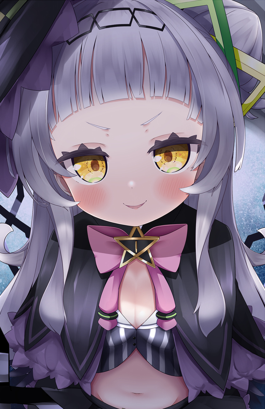 1girl absurdres bangs black_capelet black_headwear blunt_bangs blus bow bowtie breasts capelet cocozasa cropped_shirt doyagao grey_shirt hair_ornament hairband half_updo hat hexagram_hair_ornament highres hololive layered_capelet long_hair looking_at_viewer midriff murasaki_shion parted_lips pink_neckwear purple_capelet shirt short_eyebrows side_bun sidelocks silver_hair small_breasts smile smug solo striped striped_shirt tilted_headwear upper_body vertical-striped_shirt vertical_stripes virtual_youtuber witch_hat yellow_eyes