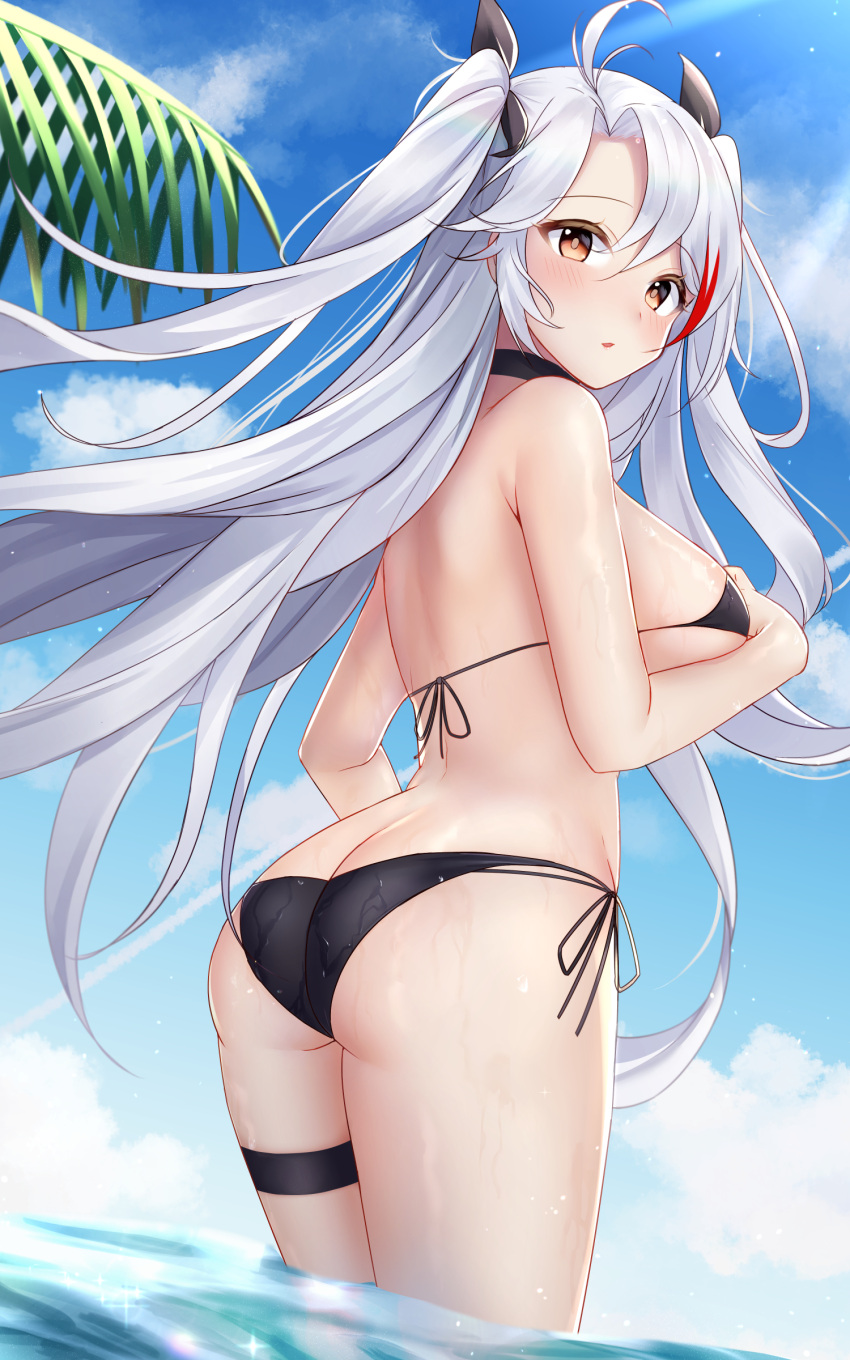 1girl absurdres ass azur_lane bangs bikini black_bikini black_neckwear black_ribbon blue_sky blush breasts choker eyebrows_visible_through_hair from_behind hair_ornament hair_ribbon highres in_water jyu-so large_breasts long_hair looking_at_viewer looking_back multicolored_hair outdoors parted_bangs parted_lips prinz_eugen_(azur_lane) red_eyes red_hair ribbon silver_hair sky solo standing streaked_hair swimsuit thigh_strap thighs two_side_up underboob wet