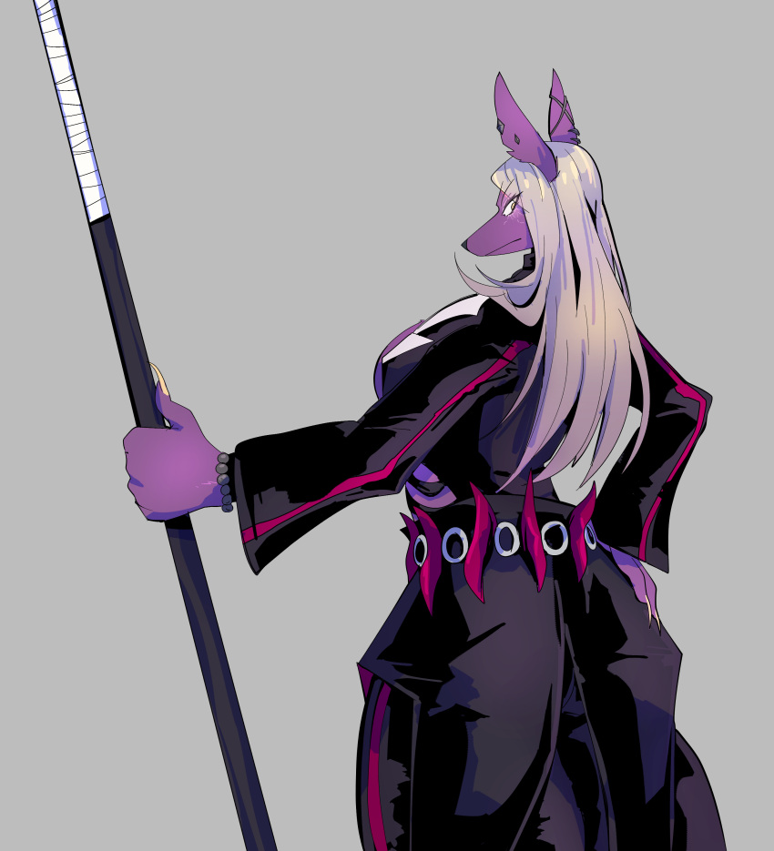 absurd_res anthro breasts canid canine clothing doghead_(character) dungeon_fighter_online ear_piercing female hair hi_res long_hair looking_back mammal piercing rakugakism solo staff suit