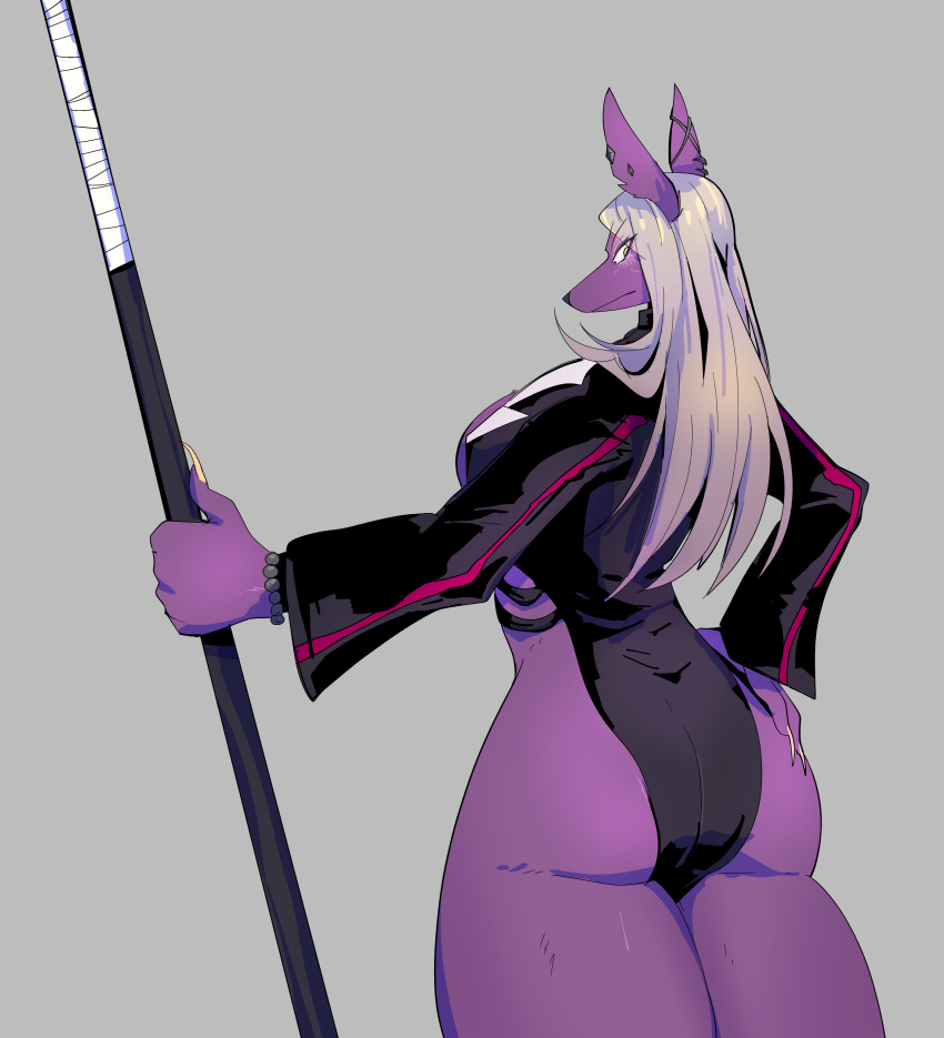 absurd_res anthro breasts butt canid canine clothing doghead_(character) dungeon_fighter_online ear_piercing female hair hi_res long_hair looking_back mammal piercing rakugakism solo staff suit