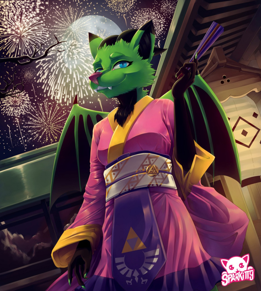 anthro asian_clothing blue_eyes breath_of_the_wild clothing east_asian_clothing female fireworks fur green_body green_fur hi_res japanese japanese_clothing kimono nintendo solo sparkittyart summer the_legend_of_zelda video_games wings