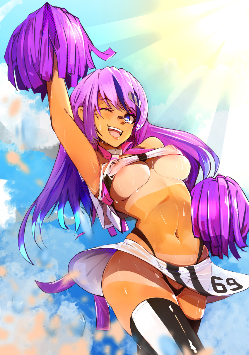 1girl ;d absurdres areola_slip areolae arm_up armpits black_legwear black_panties blue_eyes blue_sky breasts cheerleader cloud commentary commission covered_nipples crop_top day english_commentary hair_ornament hairclip highleg highleg_panties highres huge_filesize large_breasts long_hair looking_at_viewer melody_(projektmelody) microskirt multicolored_hair nanostar navel no_bra one_eye_closed open_mouth outdoors panties pom_poms projektmelody purple_hair pussy_peek skindentation skirt sky smile solo stomach streaked_hair sun sweat tan tanline thighhighs two-tone_hair underboob underwear