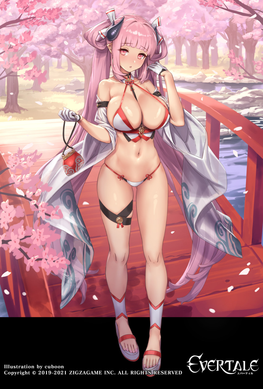 1girl bag bangs bare_shoulders black_horns blunt_bangs bra breasts bridge cherry_blossoms cleavage commentary_request copyright_name cuboon evertale eyebrows_visible_through_hair full_body gloves hair_intakes handbag highres holding holding_bag horns large_breasts long_hair long_sleeves looking_at_viewer navel off_shoulder official_art outdoors panties parted_lips petals pink_eyes pink_hair pointy_ears rei_(evertale) revealing_clothes sandals solo thigh_strap toes tree twintails underwear very_long_hair water white_gloves wide_sleeves