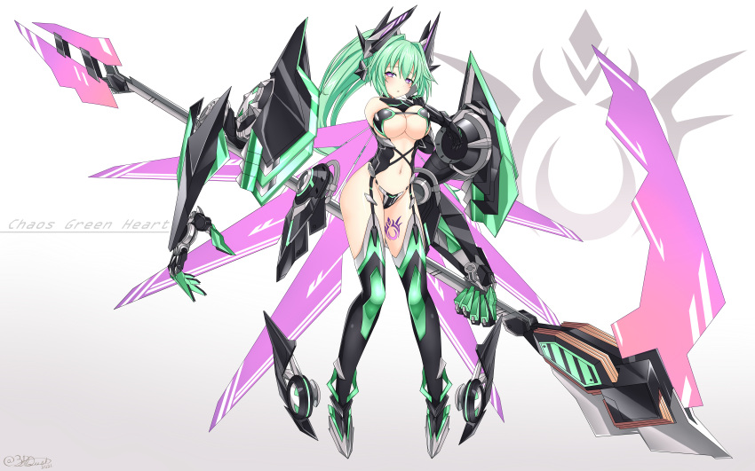 1girl absurdres alexstardust31 bare_shoulders boots breasts claws cleavage elbow_gloves full_body gloves green_hair green_heart green_heart_(chaos_form) headgear highres large_breasts long_hair looking_at_viewer navel nepnep_connect:_chaos_chanpuru neptune_(series) open_mouth ponytail power_symbol purple_eyes solo symbol-shaped_pupils tattoo thigh_boots thighhighs very_long_hair