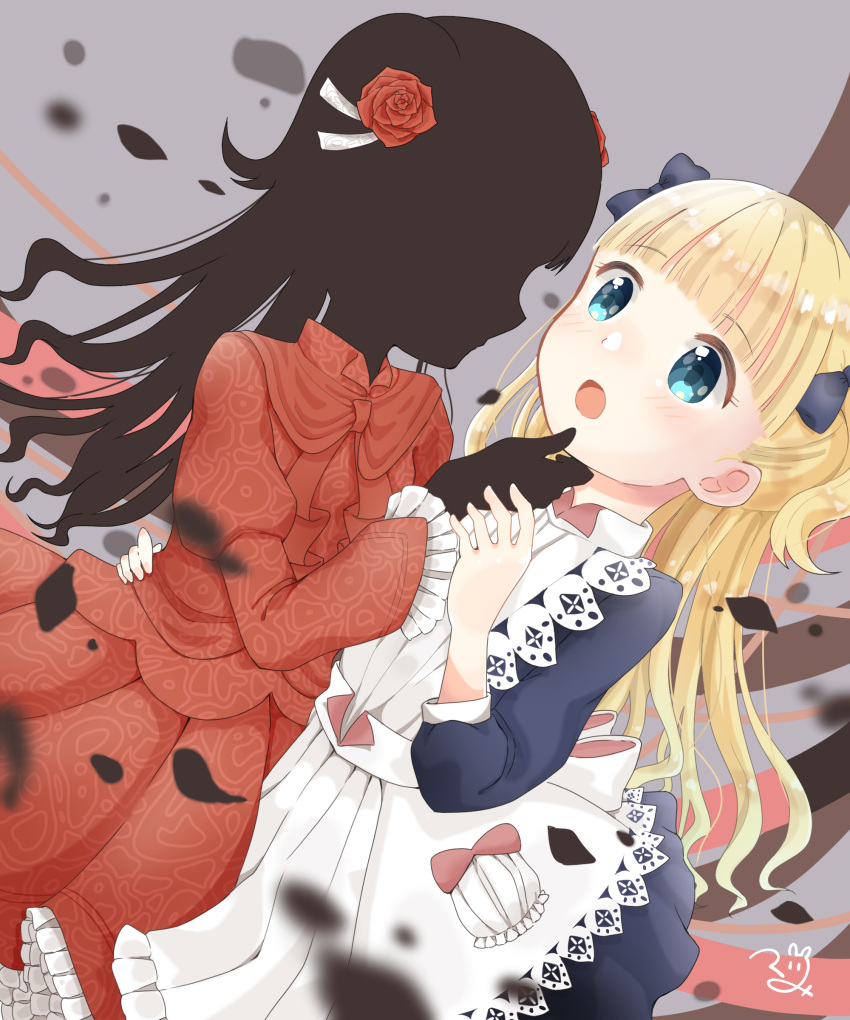 2girls :o abstract_background absurdres apron blonde_hair blue_eyes bow chin_grab commentary dress emilyko eye_contact flower hair_bow hair_flower hair_ornament highres kate_(shadows_house) light_blush long_hair looking_at_another maid_apron multiple_girls open_mouth red_dress shadow_people shadows_house tsugumi_(honya64) yuri