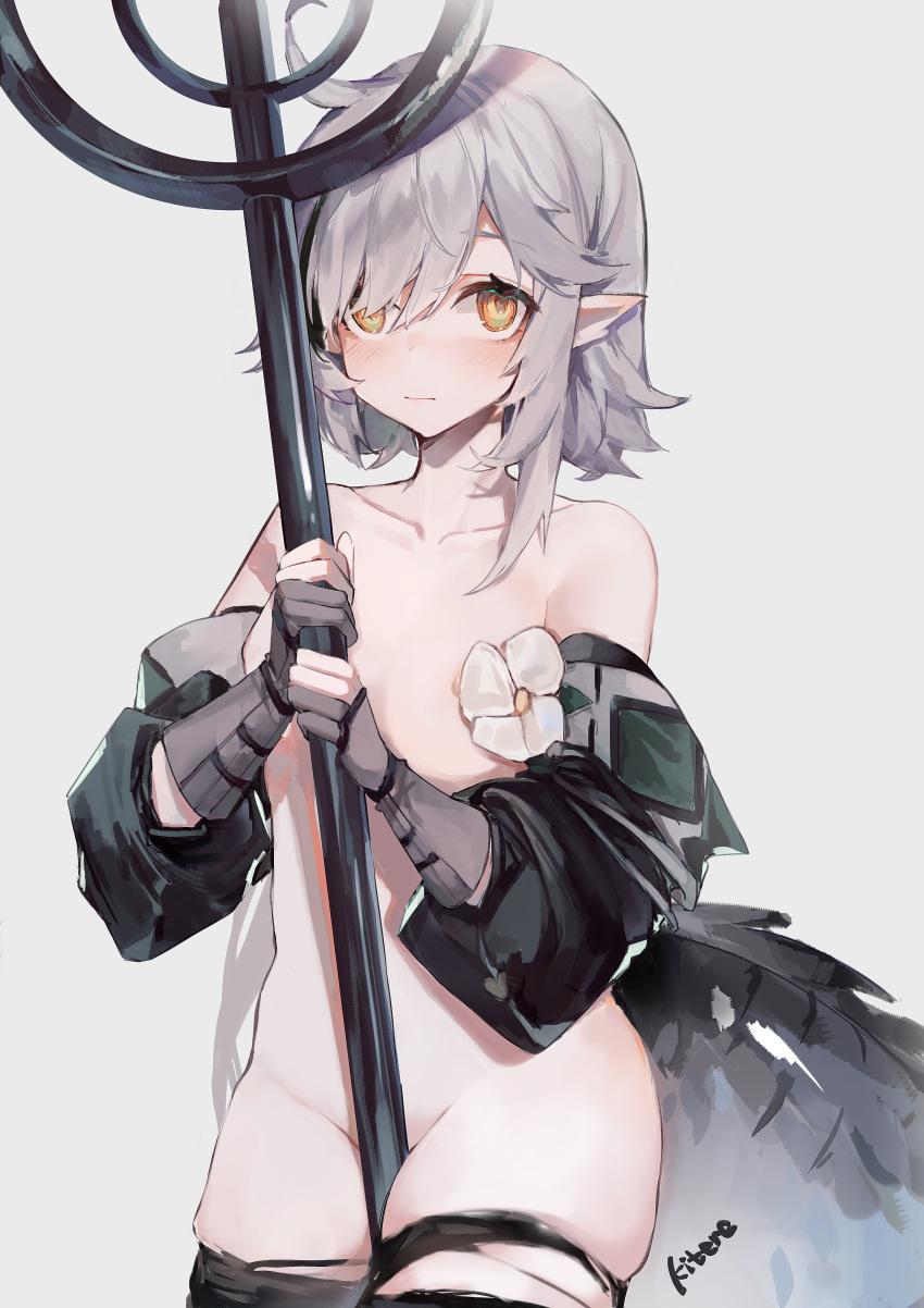 1girl absurdres arknights artist_name bangs black_legwear cowboy_shot detached_sleeves gloves grey_background grey_gloves groin highres holding holding_staff huge_filesize kitere looking_at_viewer nude pointy_ears short_hair signature silver_hair simple_background solo staff standing thighhighs thighs tomimi_(arknights) yellow_eyes