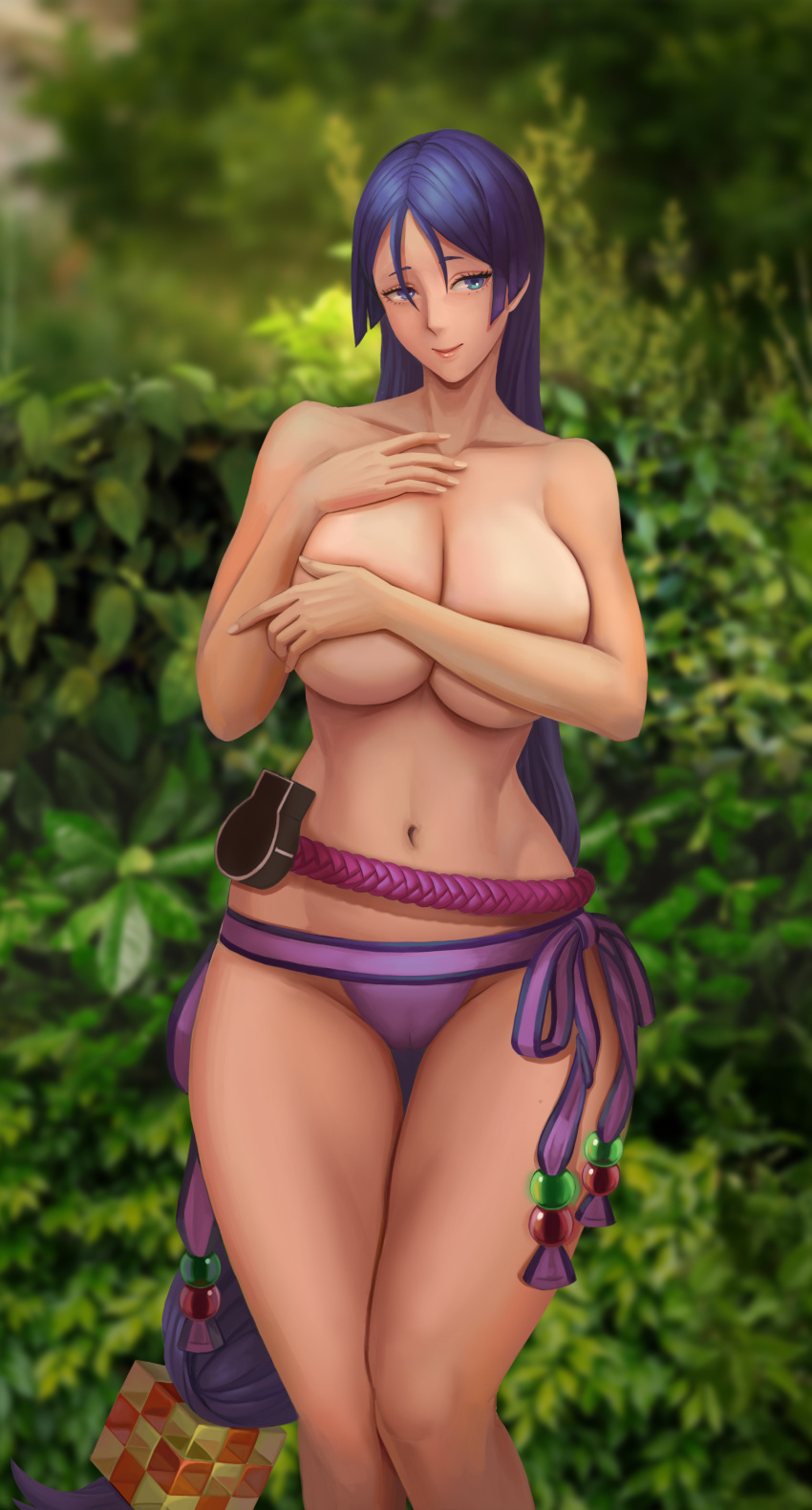 1girl absurdres bangs beads bikini breasts bush collarbone covering covering_breasts fate/grand_order fate_(series) goldengear870 highres large_breasts long_hair looking_at_viewer low-tied_long_hair minamoto_no_raikou_(fate) minamoto_no_raikou_(swimsuit_lancer)_(fate) navel parted_bangs pouch purple_bikini purple_eyes purple_hair rope smile swimsuit thighs topless very_long_hair