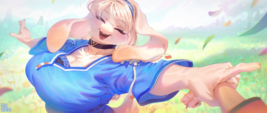 aruurara big_breasts blonde_hair breasts chest_tuft cleavage clothed clothing detailed_background eyes_closed female hair hi_res lagomorph leporid mammal open_mouth open_smile outside rabbit smile tuft