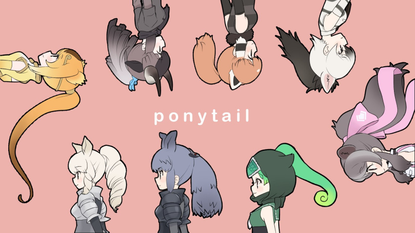 6+girls aardwolf_(kemono_friends) aardwolf_ears animal_ears armor arms_at_sides bare_shoulders bear_ears bergman's_bear_(kemono_friends) black_hair black_rhinoceros_(kemono_friends) black_wildebeest_(kemono_friends) blonde_hair bow breastplate brown_hair circlet closed_mouth detached_hood drill_hair drill_ponytail elbow_gloves english_text extra_ears floating_hair forehead_protector from_side fur_collar gloves golden_snub-nosed_monkey_(kemono_friends) green_hair grey_hair hair_bow high_ponytail highres hood hood_up horns kemono_friends kuromitsu_(9633_kmfr) lesser_panda_(kemono_friends) light_smile long_hair long_sleeves monkey_ears multicolored_hair multiple_girls orange_hair panther_chameleon_(kemono_friends) parted_lips red_hair red_panda_ears rhinoceros_ears rotational_symmetry shirt short_sleeves shoulder_armor sidelocks simple_background sleeveless sleeveless_shirt upper_body upside-down very_long_hair white_rhinoceros_(kemono_friends)