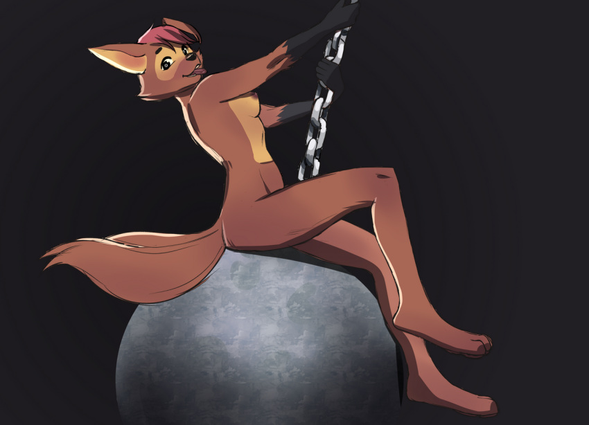 anthro belly breasts brown_body brown_fur canid chain colored female fur gloves_(marking) hair hybrid looking_at_viewer mammal markings nipples nude parody pink_hair prostokvashino rodent sciurid solo tama-tama tan_belly unknown_artist wrecking_ball