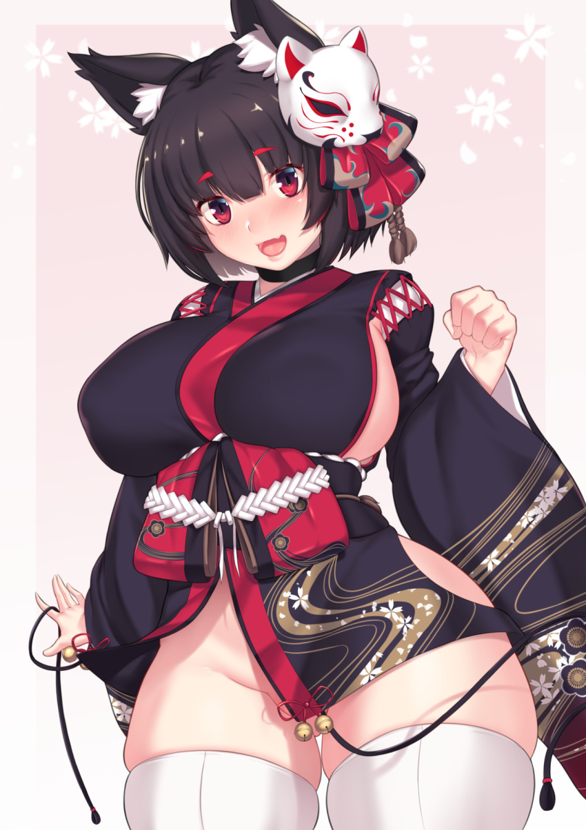 animal_ears aster_crowley azur_lane erect_nipples japanese_clothes no_bra nopan skirt_lift thighhighs yamashiro_(azur_lane)