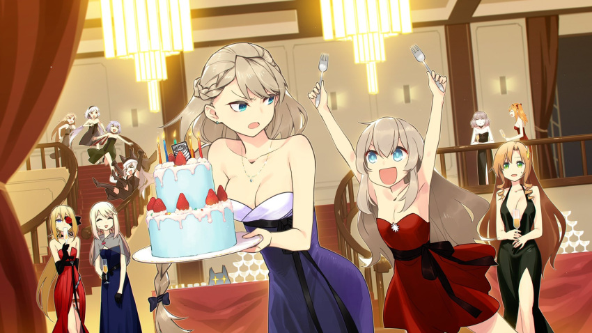 &gt;_&lt; +_+ 6+girls :d anniversary armpits bare_shoulders black_dress blue_eyes braid breasts c96_(girls_frontline) cake champagne_tower cleavage commentary_request dress flower_eyepatch fn-49_(girls_frontline) fnc_(girls_frontline) food fork french_braid fruit g36_(girls_frontline) gentiane_(girls_frontline) girls_frontline grifon_&amp;_kryuger halterneck highres holding holding_fork jewelry kalina_(girls_frontline) large_breasts long_hair m1919_(girls_frontline) medium_breasts miharu_(cgsky) mp-446_viking_(girls_frontline) multiple_girls necklace official_alternate_costume open_mouth p7_(girls_frontline) ppsh-41_(girls_frontline) purple_dress red_dress short_hair sidelocks skorpion_(girls_frontline) sleeveless sleeveless_dress small_breasts smile stairs strapless strapless_dress strawberry