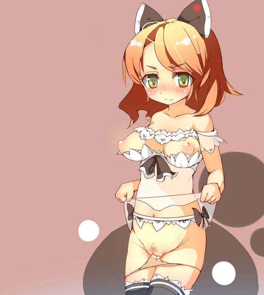black_bow blush bow breasts breasts_outside copyright_request green_eyes highres inverted_nipples medium_breasts nipples orange_hair panties panty_pull prnt pubic_hair puffy_nipples pussy ribbon solo thighhighs underwear