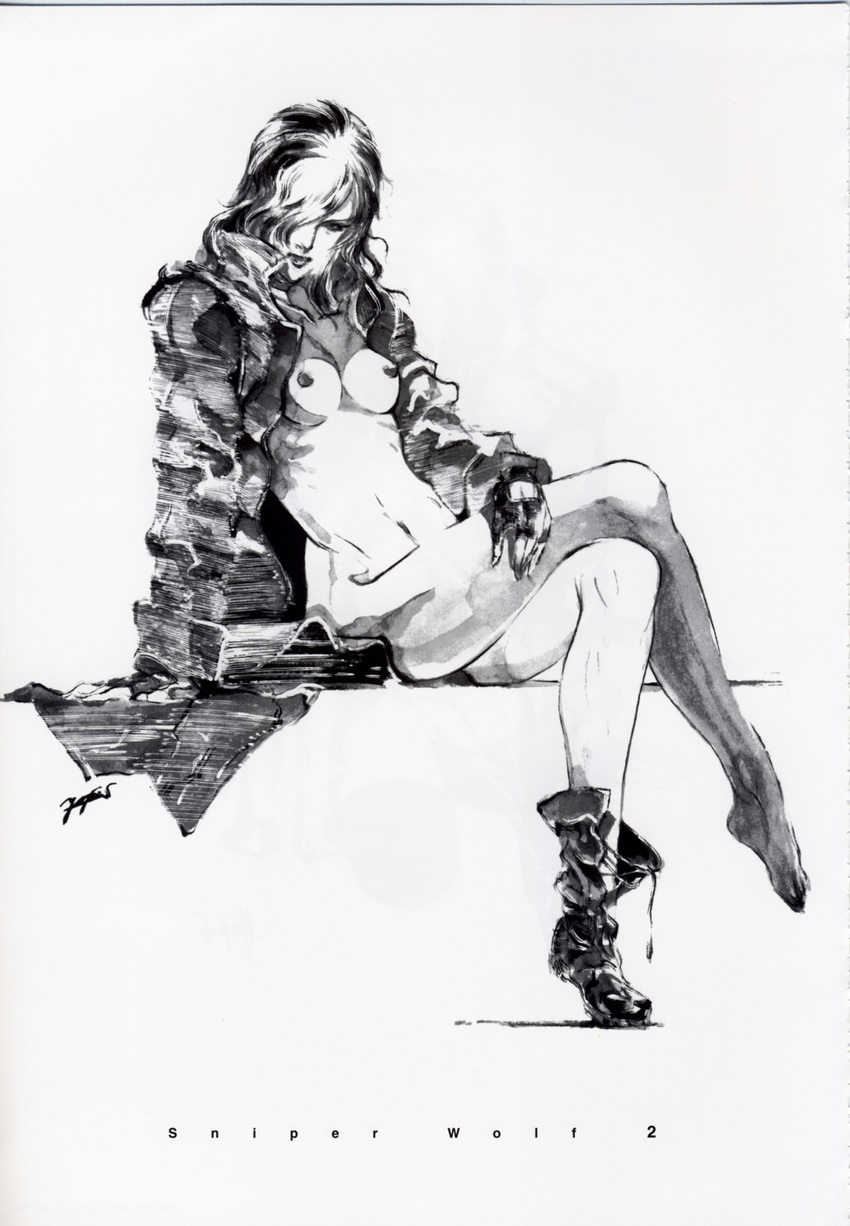 absurdres arm_support barefoot boots breasts coat crossed_legs fingerless_gloves gloves greyscale hair_over_one_eye highres long_coat long_hair medium_breasts metal_gear_(series) metal_gear_solid monochrome naked_coat nipples no_panties official_art scan scan_artifacts shinkawa_youji shoes single_shoe single_thighhigh sitting sniper_wolf solo thighhighs