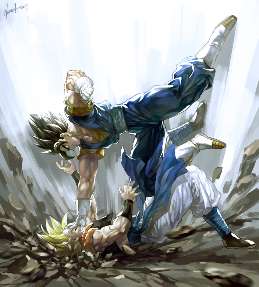 2boys black_eyes black_hair blonde_hair dragon_ball dragon_ball_z earrings fighting gloves gogeta highres jewelry kim_yura_(goddess_mechanic) male_focus metamoran_vest multiple_boys muscular muscular_male potara_earrings spiked_hair super_saiyan vegetto vest white_footwear white_gloves