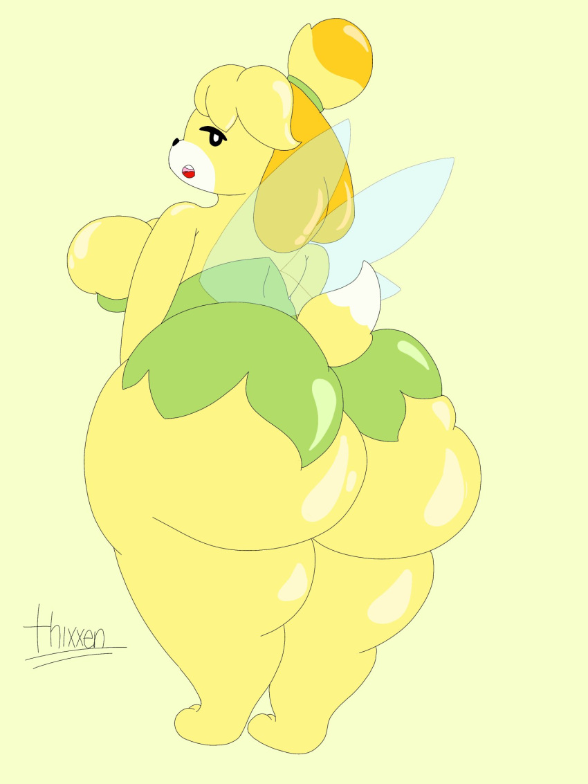 animal_crossing anthro big_breasts big_butt breasts butt canid canine canis clothed clothing disney domestic_dog female hi_res huge_butt hyper hyper_butt isabelle_(animal_crossing) mammal nintendo simple_background solo thick_thighs thixxen tinkerbell video_games yellow_background yellow_body