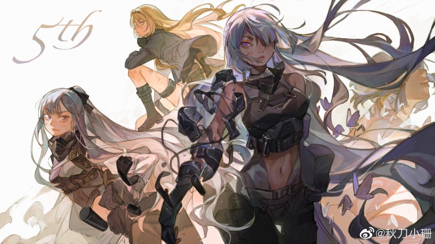 4girls absurdres ak-12_(girls_frontline) ak-15_(girls_frontline) an-94_(girls_frontline) anniversary bare_shoulders blonde_hair blood blood_on_face blue_eyes breasts bug butterfly character_request check_character defy_(girls_frontline) expressionless girls_frontline hair_over_one_eye hair_ribbon highres insect long_hair looking_at_viewer mask_around_neck medium_breasts multiple_girls navel ponytail purple_eyes qdxs2 ribbon rpk-16_(girls_frontline) silver_hair sweat white_background