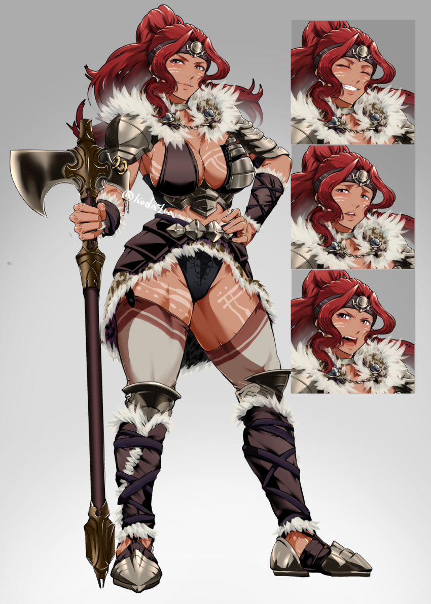 1girl armor axe barbarian battle_axe bikini_armor black_panties breast_tattoo breasts choker cleavage commentary_request dark_skin dark_skinned_female expressions facial_tattoo fantasy faulds forehead_protector full_body fur_collar fur_trim grey_legwear hand_on_hip highres holding holding_axe knee_pads koda1ra large_breasts leg_tattoo leg_warmers loincloth long_hair muscular muscular_female original panties planted_weapon purple_eyes red_hair shoulder_armor showgirl_skirt silver_choker solo standing steel-toe_boots tachi-e tattoo thick_thighs thighhighs thighs tribal underwear weapon