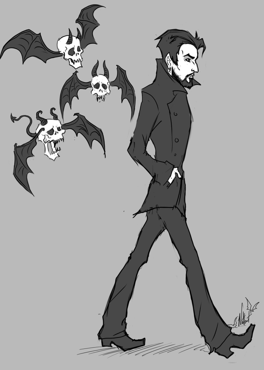 animated_skeleton aurelio_voltaire bat_wings beard bone clothing coat demon facial_hair footwear goth grey_background greyscale group hands_in_pockets hi_res horn human humanoid_pointy_ears male mammal membrane_(anatomy) membranous_wings monochrome mustache pockets pointy_nose shoes simple_background skeleton skull spade_tail topwear undead unknown_artist walking wings