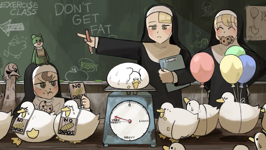 &gt;_&lt; 3girls arrow_(symbol) balloon bird blonde_hair brown_hair catholic chalk chalkboard clipboard closed_eyes commentary cookie crying diva_(hyxpk) doll duck english_commentary english_text food food_in_mouth highres holding holding_clipboard jitome little_nun_(diva) multiple_girls nun object_on_head ostrich pointing sign sweatdrop weighing_scale