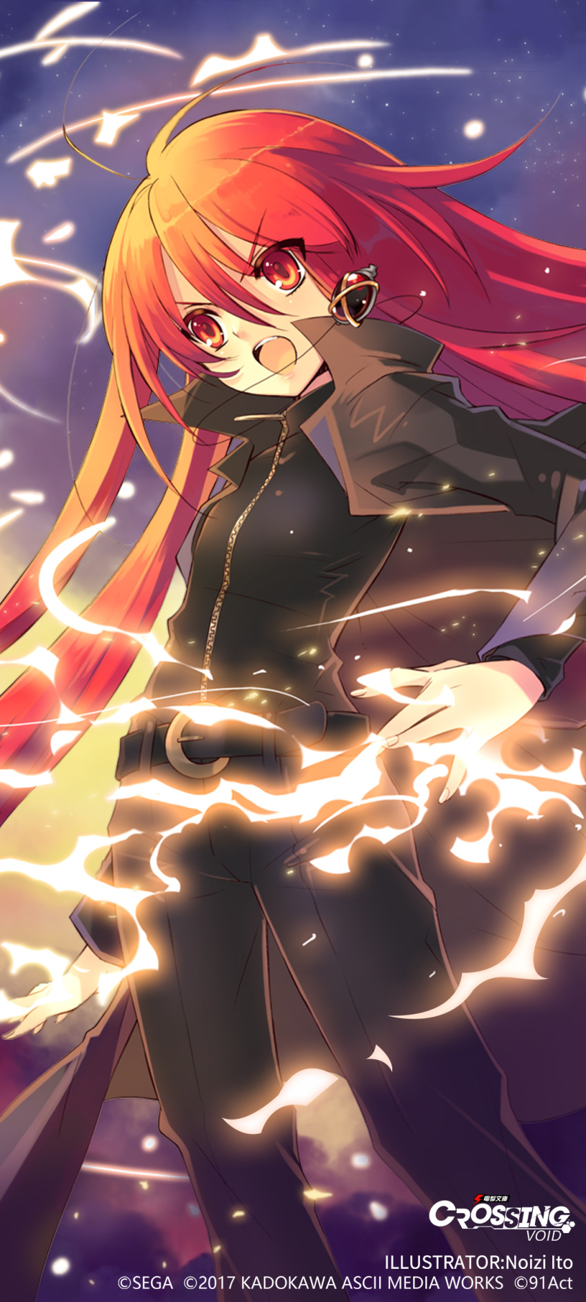 1girl absurdres alastor_(shakugan_no_shana) belt black_jacket copyright_name dengeki_bunko flat_chest highres ito_noizi jacket long_hair official_art phone_wallpaper red_eyes red_hair shakugan_no_shana shana shouting solo v-shaped_eyebrows very_long_hair wallpaper watermark zipper