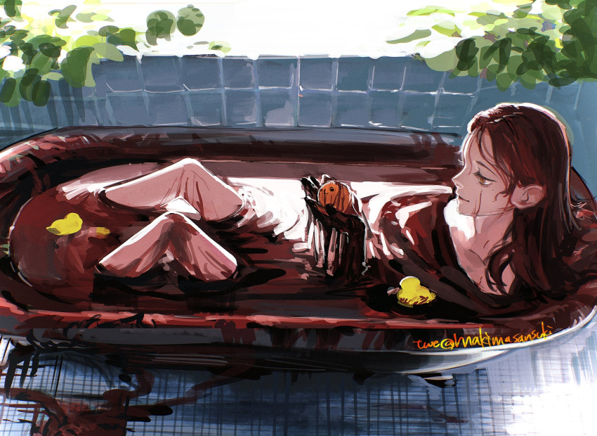 1girl alternate_hairstyle bath bath_of_blood bathtub blood chainsaw_man closed_mouth commentary eyelashes from_above hair_down highres holding indoors light_smile lips long_hair makima_(chainsaw_man) makimasansuki orange_eyes partially_submerged plant pochita_(chainsaw_man) profile red_hair ringed_eyes ripples rubber_duck smile solo sunlight symbol_commentary twitter_username