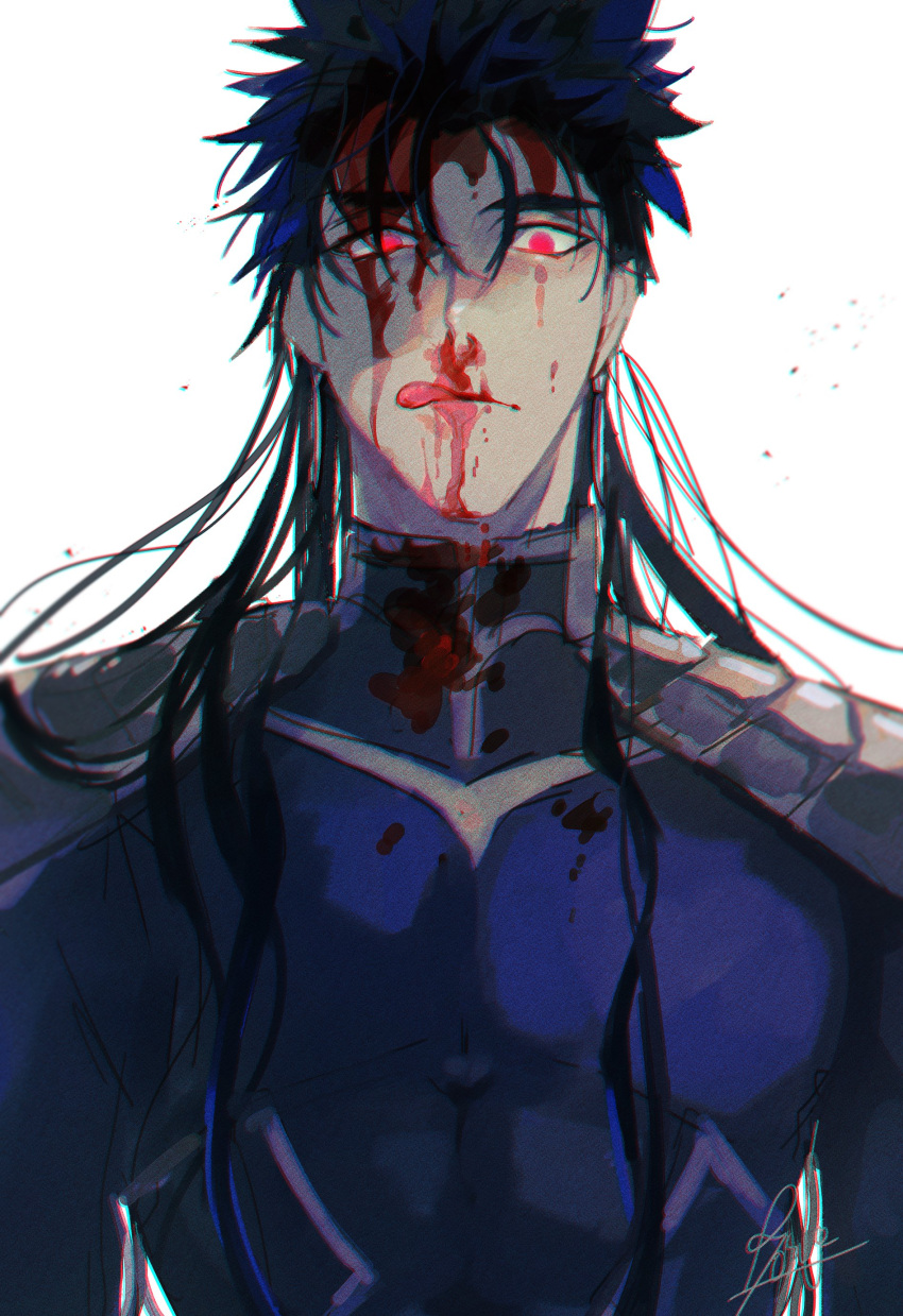 1boy absurdres armor blood blood_on_face bloody_clothes bloody_nose blue_bodysuit blue_hair bodysuit cu_chulainn_(fate)_(all) cu_chulainn_(fate/stay_night) earrings fate/stay_night fate_(series) glowing glowing_eyes highres jewelry long_hair male_focus muscular muscular_male pauldrons red_eyes ryousuke_(tukr5384) shoulder_armor signature simple_background skin_tight solo spiked_hair tongue tongue_out white_bodysuit