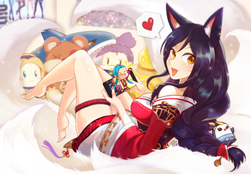 1girl :d aa2233a ahri animal_ears barefoot black_hair blitzcrank braid breasts character_doll cleavage featherknight fox_ears heart jinx league_of_legends little_legend long_hair looking_at_viewer low-tied_long_hair luxanna_crownguard open_mouth poster_(object) sitting smile spoken_heart tail teamfight_tactics thigh_strap tibbers whiskers yasuo_(league_of_legends)