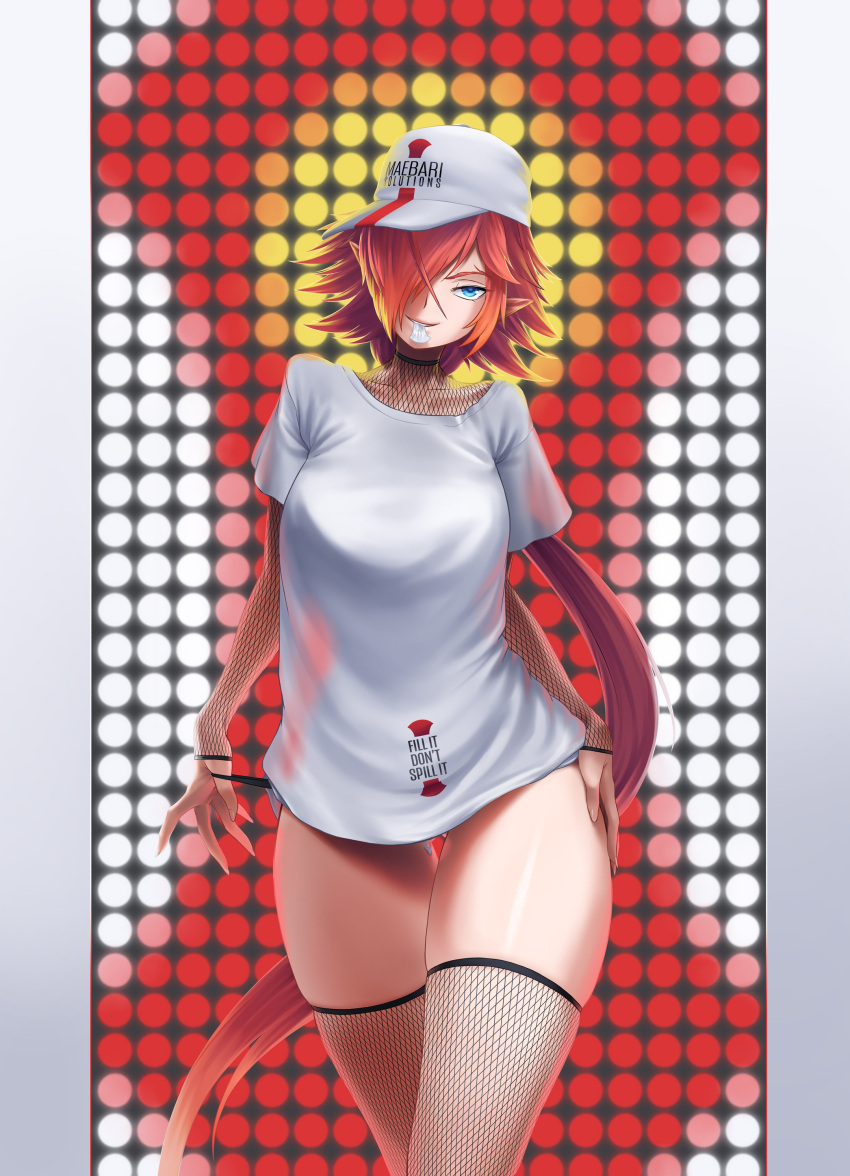 1girl absurdres ass_visible_through_thighs bangs baseball_cap blue_eyes breasts clothes_writing collarbone commentary english_text fishnet_legwear fishnets hair_over_one_eye hat hat_writing head_tilt highres jiffic long_hair looking_at_viewer low_ponytail medium_breasts mouth_hold no_pants original panty_straps parted_lips pointy_ears red_hair see-through_silhouette shaea_(jiffic) shirt short_sleeves skindentation smile solo thigh_gap thighhighs thighs very_long_hair white_shirt
