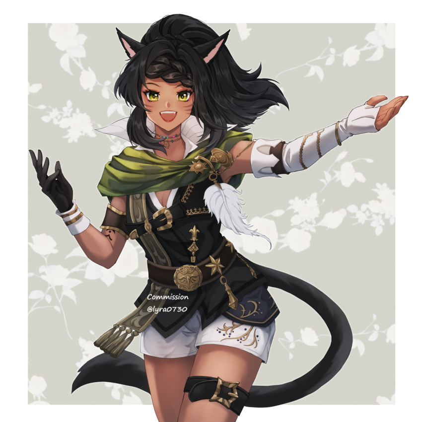 1girl animal_ears black_gloves black_hair braid cat_ears cat_tail choker commission dark_skin dark_skinned_female elbow_gloves facial_mark fangs final_fantasy final_fantasy_xiv fingerless_gloves floral_background floral_print gloves highres long_hair looking_at_viewer lyra-kotto miqo'te mismatched_gloves open_mouth ponytail shorts single_elbow_glove single_fingerless_glove solo tail thigh_strap whisker_markings yellow_eyes
