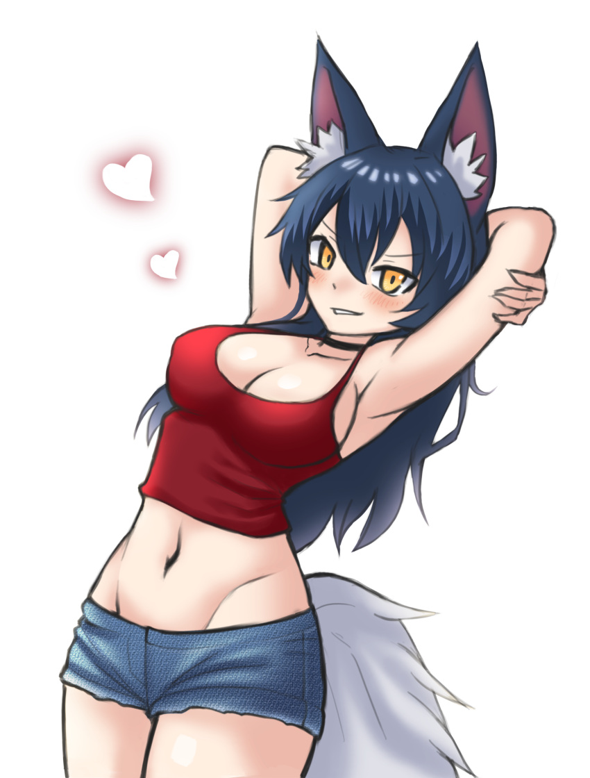 1girl absurdres ahri animal_ears arms_behind_back arms_up artist_request blush breasts casual cleavage collarbone fox_ears fox_girl fox_tail groin heart highres large_breasts league_of_legends long_hair looking_at_viewer navel red_shirt shirt short_shorts shorts simple_background solo tail white_background