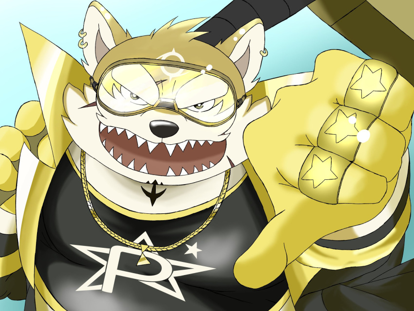 anthro canid canine canis clothing domestic_dog eyewear fur gesture goggles hi_res live-a-hero male mammal procy ring sharp_teeth siroihigenokoi solo spandex superhero teeth thumbs_down tight_clothing yellow_body yellow_fur