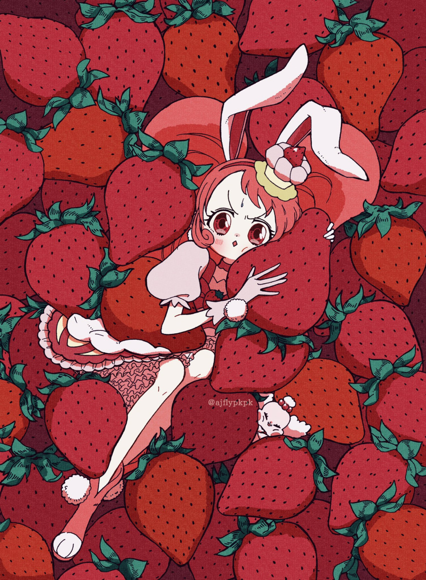 1girl :&lt;&gt; aji_fry animal_ears blush bunny_ears cake_hair_ornament choker cure_whip diamond_mouth dress earrings extra_ears fairy food food_themed_hair_ornament food_themed_ornament fruit hair_ornament highres jewelry kirakira_precure_a_la_mode magical_girl open_mouth paw_boots pekorin_(precure) pink_choker pink_dress pink_footwear pom_pom_(clothes) pom_pom_earrings precure sandwiched strawberry strawberry_shortcake sweatdrop twintails twitter_username usami_ichika v-shaped_eyebrows whipped_cream