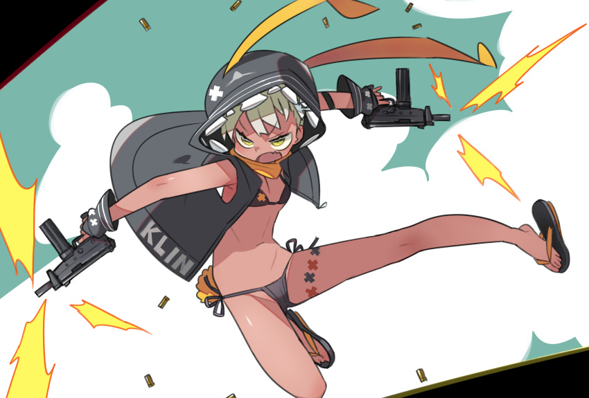 1girl animal_hood bikini black_bikini black_gloves black_jacket clothes_writing dark_skin dark_skinned_female dual_wielding fang fingerless_gloves firing flat_chest girls_frontline gloves green_eyes gun highres holding holding_gun holding_weapon hood hood_up jacket klin_(girls_frontline) kometsubu pp-91_kedr sandals side-tie_bikini simple_background skin_fang sleeveless sleeveless_jacket solo submachine_gun swimsuit weapon white_hair