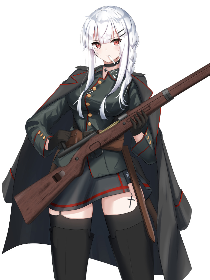 1girl absurdres assault_rifle black_choker black_coat black_gloves black_jacket black_legwear black_skirt bolt_action braid breasts choker cigarette_pack coat coat_on_shoulders cross cross_choker eyebrows_visible_through_hair feet_out_of_frame girls_frontline gloves gun highres holding holding_weapon holster jacket kar98az_(girls_frontline)_(rynn_cube) kar98k_(girls_frontline) long_hair looking_at_viewer mauser_98 medium_breasts military military_uniform mole mole_under_eye open_clothes open_coat original red_eyes rifle rynn_(rynn_cube) silver_hair skirt solo standing thighhighs uniform weapon white_background white_hair