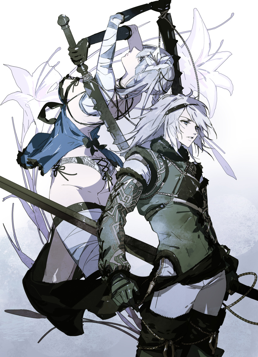 1boy 1girl absurdres asymmetrical_hair babydoll bandaged_arm bandaged_leg bandages bangs blue_eyes boots braid chain cleaver dual_wielding flower fur_trim hair_between_eyes hair_flower hair_ornament hairband headband highres holding holding_sword holding_weapon kaine_(nier) lace lace_panties lingerie lips long_hair looking_at_viewer lunar_tear negligee nier nier_(series) nier_(young) panties pants parted_lipsgloves ribbon simple_background single_braid standing sword thigh_boots thighhighs thundergotch underwear weapon white_background white_hair