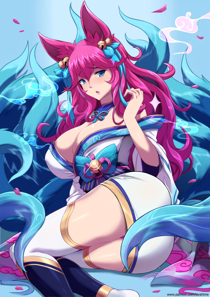 1girl absurdres ahri animal_ears ass bare_shoulders bell blue_eyes blush breasts cleavage fox_ears fox_girl fox_tail highres japanese_clothes kimono large_breasts league_of_legends long_hair looking_at_viewer multiple_tails petals pink_hair spirit_blossom_ahri tagme tail thighhighs torahime_(roland00) twisted_torso very_long_hair zettai_ryouiki