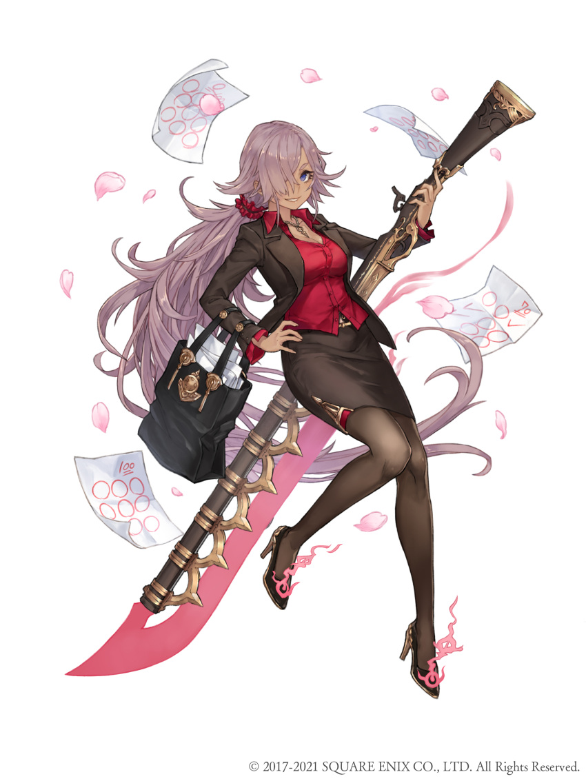 1girl absurdres bag belt blue_eyes breasts cinderella_(sinoalice) dark_skin full_body grin gun hair_over_one_eye hand_on_hip high_heels highres jewelry ji_no large_breasts long_hair looking_at_viewer necklace official_art pantyhose paper pencil_skirt petals purple_hair rifle sinoalice skirt smile solo square_enix very_long_hair weapon white_background