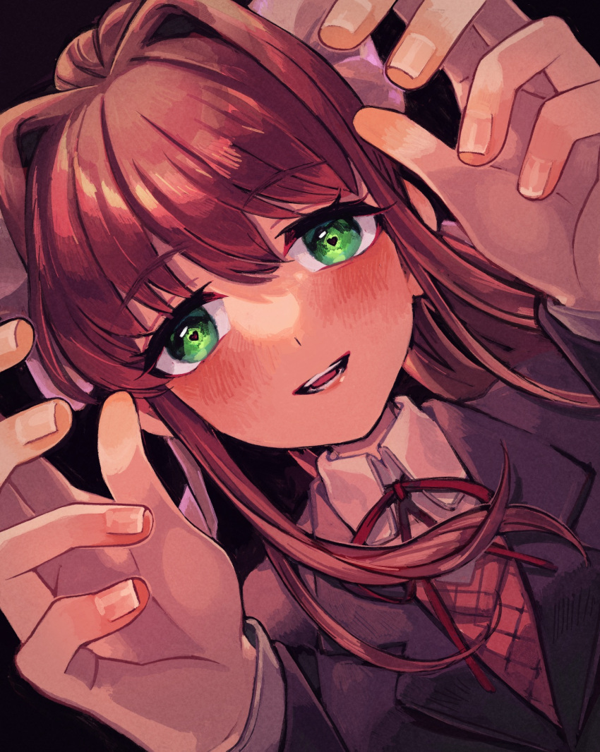 1girl blazer brown_hair doki_doki_literature_club green_eyes hands_up heart heart-shaped_pupils heart_eyes highres jacket looking_at_viewer monika_(doki_doki_literature_club) ponytail reaching_out ribbon sasasasa school_uniform smile symbol-shaped_pupils white_ribbon