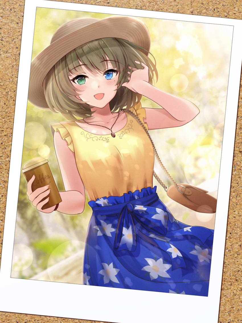 1girl :d arm_up bag bangs beige_headwear blue_eyes blue_shirt blurry blurry_background breasts cup disposable_cup dust_particles eyebrows_visible_through_hair floral_print frilled_shirt frills green_eyes green_hair hand_in_hair handbag hat heterochromia highres holding holding_cup idolmaster idolmaster_cinderella_girls kirifrog looking_at_viewer medium_breasts medium_hair mole mole_under_eye open_mouth picture_(object) shirt sleeveless sleeveless_shirt smile solo sun_hat takagaki_kaede vine_print watch yellow_shirt