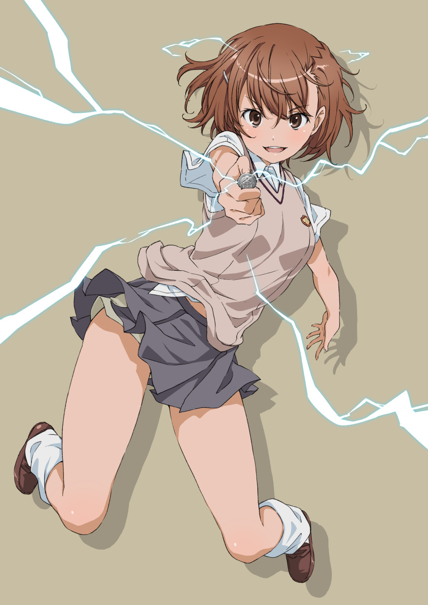 1girl absurdres asanaya biribiri brown_eyes brown_footwear brown_hair brown_shorts coin electricity full_body grey_skirt highres loafers looking_at_viewer loose_socks misaka_mikoto pleated_skirt school_uniform shoes short_hair shorts shorts_under_skirt skirt solo sweater_vest toaru_majutsu_no_index tokiwadai_school_uniform