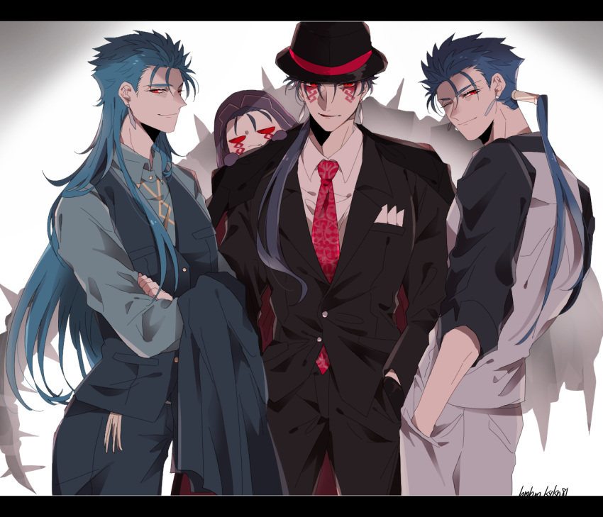 4boys blue_hair bodypaint bowler_hat cu_chulainn_(caster)_(fate) cu_chulainn_(fate)_(all) cu_chulainn_(fate/stay_night) cu_chulainn_alter_(fate/grand_order) dark_blue_hair earrings facepaint fate/grand_order fate_(series) formal hands_in_pockets hat heroic_spirit_formal_dress highres jewelry long_hair mini_cu-chan_(fate) multiple_boys multiple_persona namahamu_(hmhm_81) necktie one_eye_closed ponytail red_eyes suit tail vest waistcoat