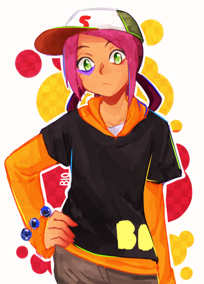 1boy artist_name baseball_cap bio_(bioshitto) black_shirt bracelet green_eyes hand_on_hip hat highres jewelry long_hair long_sleeves looking_at_viewer noguchi_souta orange_shirt pink_hair shirt simple_background standing tribe_cool_crew